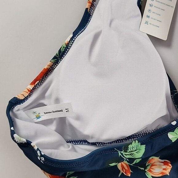 Beachsissi Women's One Piece Halter Neck Cross Front Blue Floral Swimsuit Size M - Picture 3 of 11